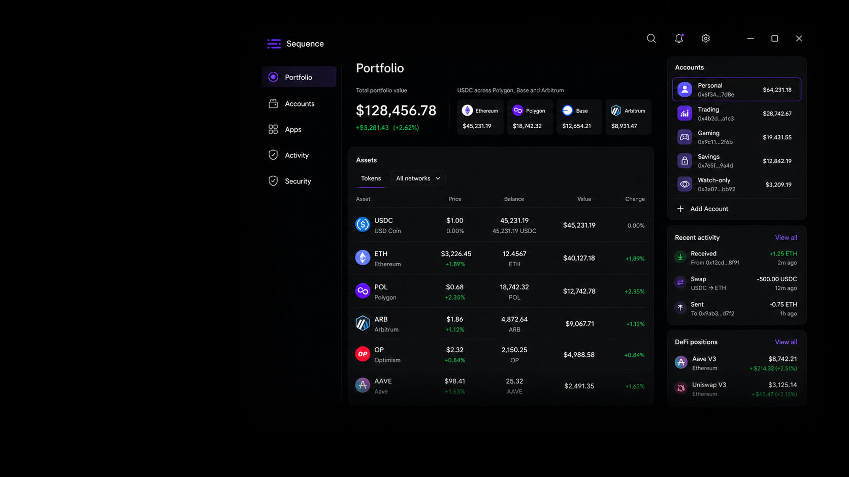 Sequence Wallet Desktop portfolio showing assets across connected accounts and EVM networks